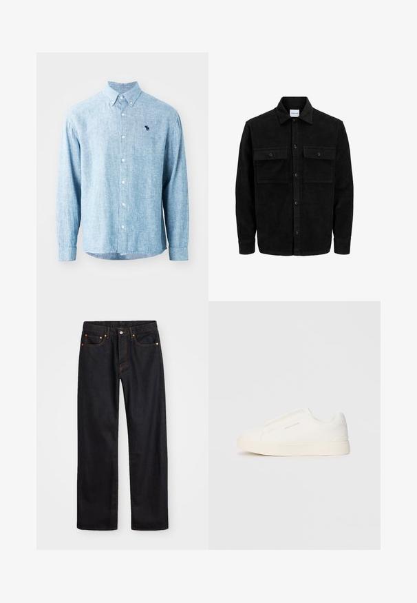 Chaqueta de pana negra con botones, dos bolsillos delanteros con solapa y un cuello clásico, mangas largas y textura acanalada.; Camisa de botón azul claro en una tela texturizada. Cuenta con un cuello, mangas largas y un pequeño logo oscuro en el pecho.; Jeans de mezclilla negros de pierna recta para hombre, con cinco bolsillos y costuras en color naranja, cierre de botón y cremallera en la parte delantera de la cintura.; Zapatillas blancas tipo slip-on con una superficie texturizada, suela gruesa y diseño minimalista. Presenta el logo de la marca en un lado.
