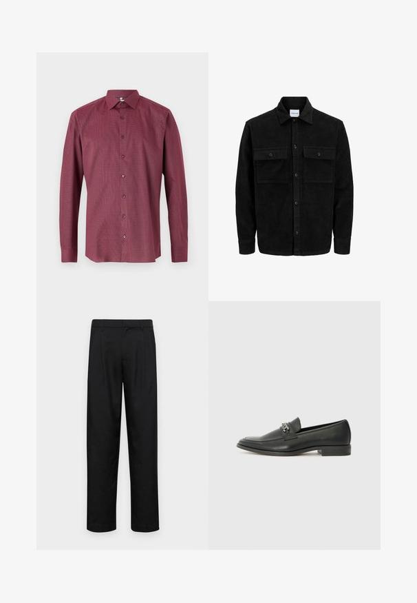 Czarna kurtka z korduru z guzikami, z dwoma przednimi kieszeniami na klapki oraz klasycznym kołnierzem, długimi rękawami i ryżowym splotem.; Bordowa koszula z długim rękawem, delikatnym wzorem w kratę, kołnierzykiem zapinanym na guziki oraz zapinana z przodu na guziki. Wykonana z gładkiego, lekkiego materiału.; Czarne spodnie wykonane z gładkiego materiału, z prostą nogawką, dwoma fałdami z przodu oraz standardowym paskiem z wypustkami na pasek.; Czarne skórzane mokasyny o gładkim wykończeniu, z haftowanym wzorem i dekoracyjnym akcentem z metalowego łańcucha na wierzchu. Płaska pięta.