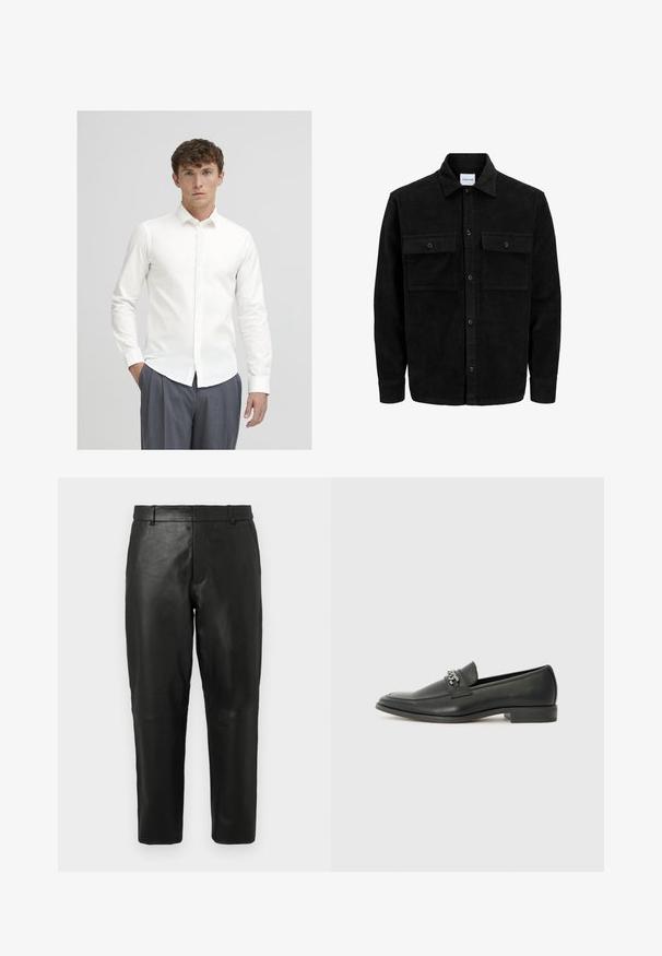 Zwarte corduroy knopenjack met twee voorste klepzakken en een klassieke kraag, lange mouwen en ribbelstructuur.; Witte overhemd met lange mouwen, gemaakt van gladde stof. Heeft een klassieke kraag en een slim fit, gecombineerd met grijze pinstriped broek.; Zwarte leren rechte broek met riemlussen en zijzakken, weergegeven tegen een effen lichte achtergrond.; Zwarte leren instapper met een gladde afwerking, voorzien van een gestikt ontwerp en een decoratieve metalen kettingaccent over de wreef. Platte hak.