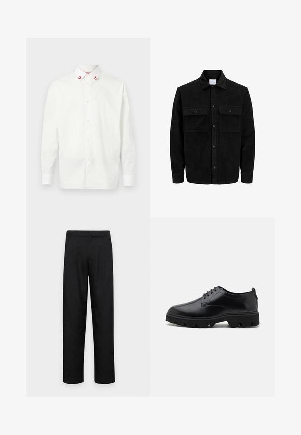 Juodas velveto mygtukų švarkas su dviem priekiniais kišenėmis su atvartais, klasikiniu apykakle, ilgomis rankovėmis ir raukšlėtu paviršiumi.; Balta lino marškiniai su klasikiniais apykaklėmis. Yra raudonos akcentai ant apykaklės galiukų ir paprastas dizainas. Lygus tekstūros.; Juodi kelnių modeliai, pagaminti iš lygios medžiagos, turi tiesią kojas, du priekiniai klostės ir standartinę juosmenį su diržo kilpomis.; Juodi odiniai batai su lygiu paviršiumi, su raišteliais ir storu, tvirtu gumuotu padu, kuris turi gilius raštus sukibimui.