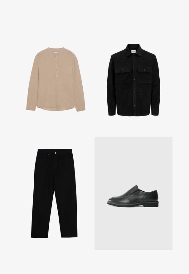 Veste en velours côtelé noire à boutons, avec deux poches à rabat à l'avant et un col classique, des manches longues et une texture côtelée.; Chemise beige à manches longues avec un col henley, patte de boutonnage, poche poitrine gauche, texture douce et ourlet arrondi.; Pantalons en denim noir avec une coupe droite, un design à cinq poches et une fermeture à bouton à l'avant. Texture lisse avec des détails de couture minimaux.; Chaussure slip-on en cuir noir avec une tige lisse, des accents cousus, un bout arrondi et un petit talon en caoutchouc. La semelle présente un profil de traction minimal.