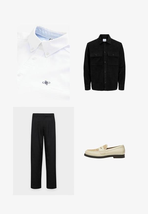 Jachetă din catifea neagră, cu butoni, două buzunare frontale cu clapetă și un guler clasic, mâneci lungi și textură ribbed.; Cămașă albă din bumbac cu guler cu nasturi, având căptușeală interioară cu dungi albastre deschise și un mic logo brodat albastru închis pe piept.; Pantaloni negri dintr-un material neted, cu un design drept, două pliuri frontale și un tiv standard cu bucle pentru curea.; Loafers din piele bej cu detalii împletite pe vârf și o talpă plată maro. Au o curea decorativă pe partea din față.
