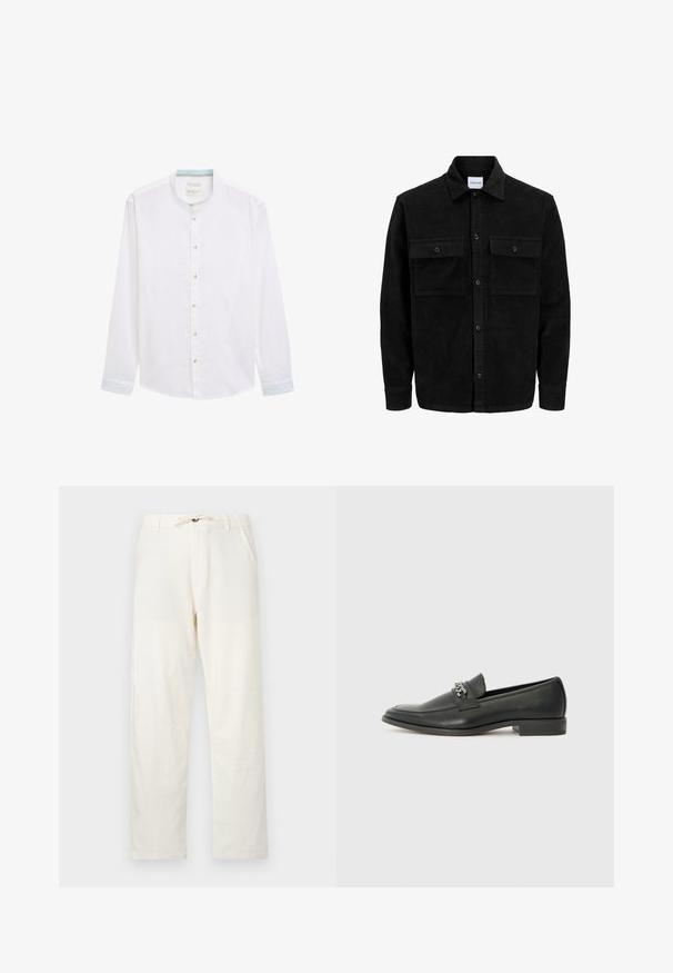 Črna kordurojska jakna z gumbi, z dvema sprednjima žepoma z zavihkom in klasičnim ovratnikom, dolgimi rokavi ter rebrasto teksturo.; Bela srajca z dolgimi rokavi in band ovratnikom, ki ima svetlo modro poudarjeno notranjost ovratnika ter gumbaste zap closures spredaj.; Svetlo bež lanene hlače s ravnim krojem, nastavljivim pasom na vrvico in dvema stranskima žepoma. Gladka textura in minimalističen dizajn.; Črni usnjeni loafer z gladko površino, ki ima šivano zasnovo in dekorativni kovinski verižni naglas preko vampirja. Ravno peto.