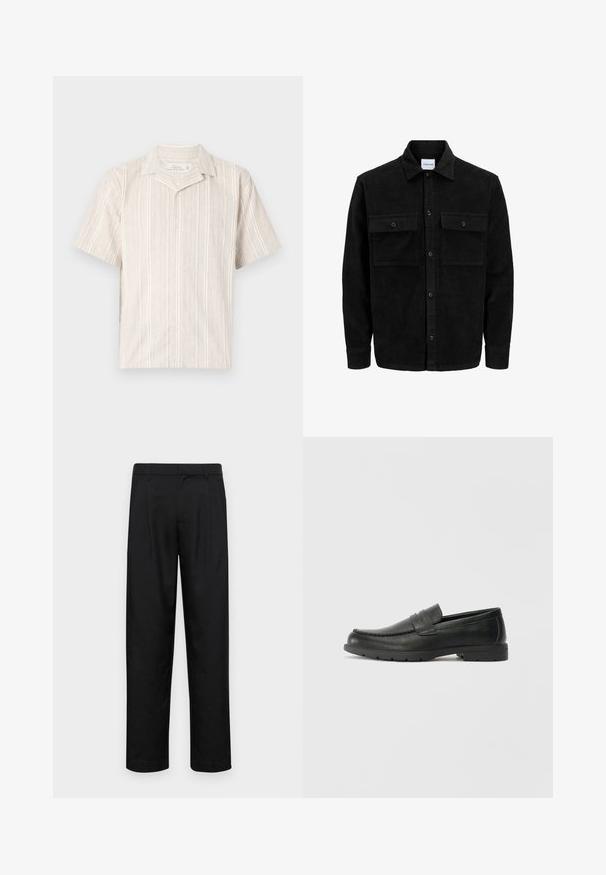 Sort fløjl button-up jakke med to frontlommer og klassisk krave, lange ærmer og ribbet tekstur.; Kortærmet skjorte med krave i lysebeige med lodrette striber; lavet af en blanding af linned; knaplukning foran med struktureret stof.; Sorte bukser lavet af glat stof, med et lige ben-design, to frontfolder og en standard talje med bæltestropper.; Sorte læderslippers med en glat finish, mokkasin-stil overdel, syninger og gummisål. Klassisk design med en lav hæl.