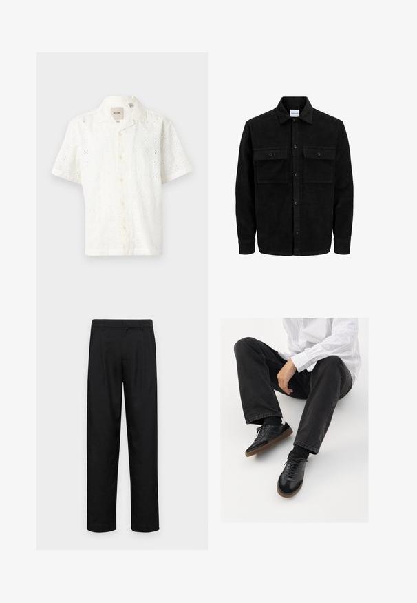 Melnas kordūru pogu jaka ar divām priekšējām atloka kabatām un klasisku apkakli, garām piedurknēm un ribotu tekstūru.; Īsām piedurknēm balta krekla no teksturētas kokvilnas ar ziedu acu rakstu, pogu aizdare priekšā un apkakle.; Melnas bikses, izgatavotas no gludas auduma, ar taisnu kāju dizainu, divām priekšējām krokām un standarta jostu, kurai ir āķi.; Melnas sporta kurpes ar gludu un teksturētu virsu, apgādātas ar gumijas zoli un tumšiem auklām. Saskaņotas ar melniem džinsiem un baltu svītrainu krekls.