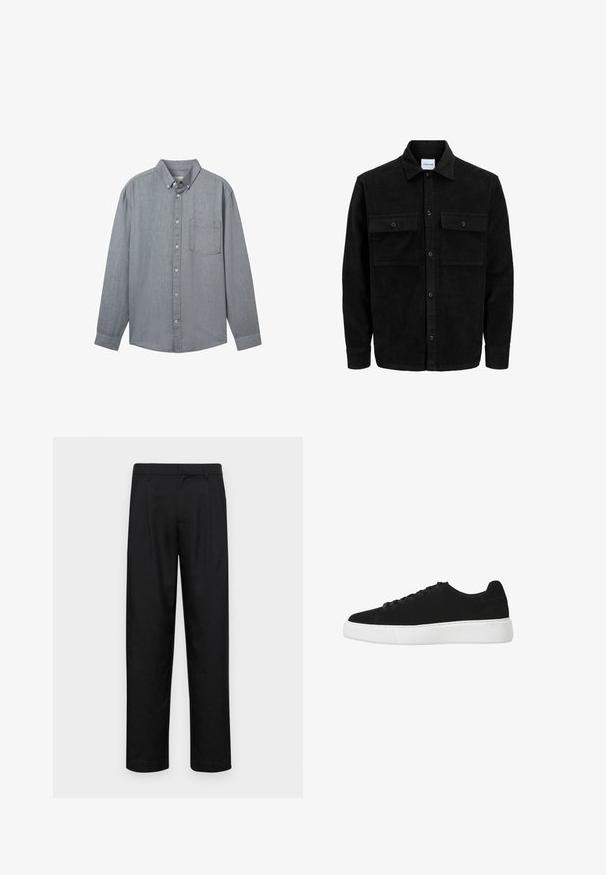 Chaqueta de pana negra con botones, dos bolsillos delanteros con solapa y un cuello clásico, mangas largas y textura acanalada.; Camisa de botones gris con mangas largas, cuello, un bolsillo en el pecho y una tela texturizada. Cierre con botones visibles en la parte delantera.; Pantalones negros de tela suave, con un diseño de pierna recta, dos pliegues frontales y una cintura estándar con trabillas para el cinturón.; Zapatillas de ante negro con punta redonda, cordones en la parte delantera y suela de goma blanca. Diseño simple con acentos mínimos y textura suave.