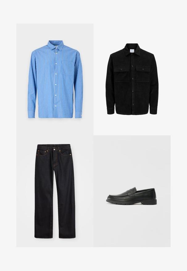 Jachetă din catifea neagră, cu butoni, două buzunare frontale cu clapetă și un guler clasic, mâneci lungi și textură ribbed.; Cămașă cu dungi albastre și albe, cu mâneci lungi, design cu nasturi, dotată cu un guler clasic și un singur buzunar pe piept. Material din bumbac moale.; Jeans negri din denim pentru bărbați, cu croială dreaptă, cinci buzunare și cusături portocalii, închidere cu nasture și fermoar pe talie.; Labeled cu oglindă din piele neagră cu un finisaj neted, partea superioară în stil mocasin, detalii cusute și o talpă din cauciuc. Design clasic cu un toc jos.