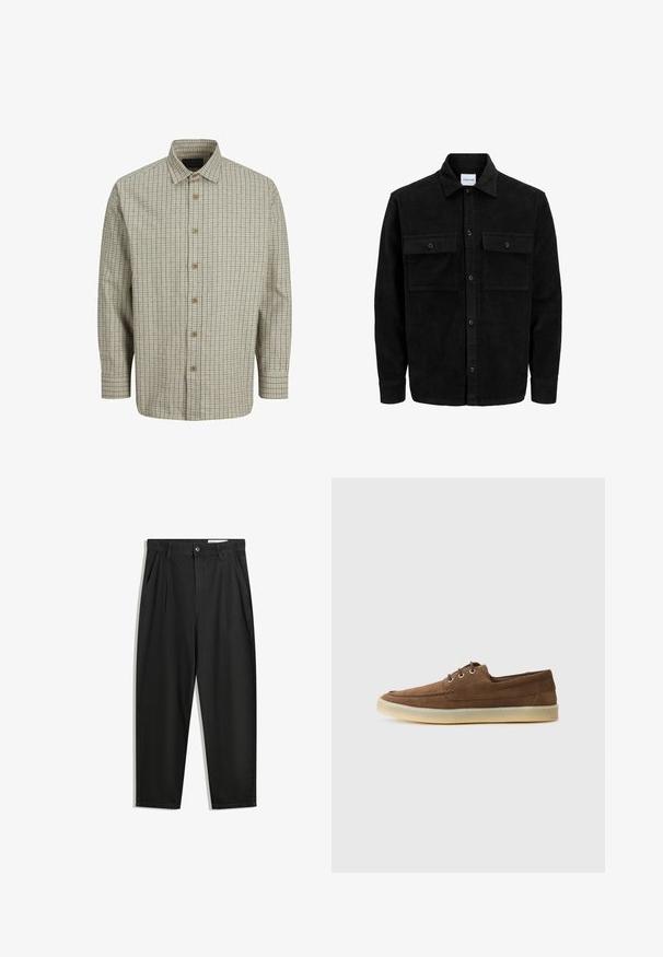 Giacca in corduroy nera con bottoni, due tasche anteriori con patta, colletto classico, maniche lunghe e texture a coste.; Camicia con bottoni realizzata in tessuto leggero, con un motivo a quadri beige e blu scuro, colletto aperto e bottoni di legno.; Pantaloni in cotone neri con una vestibilità rilassata, dotati di una vita classica, pieghe frontali e tasche laterali. Tessuto liscio senza fantasie.; Scarpe in suede marrone con profilo basso, design con lacci, suola in gomma e dettagli di cucitura a contrasto. Stile semplice e funzionale.