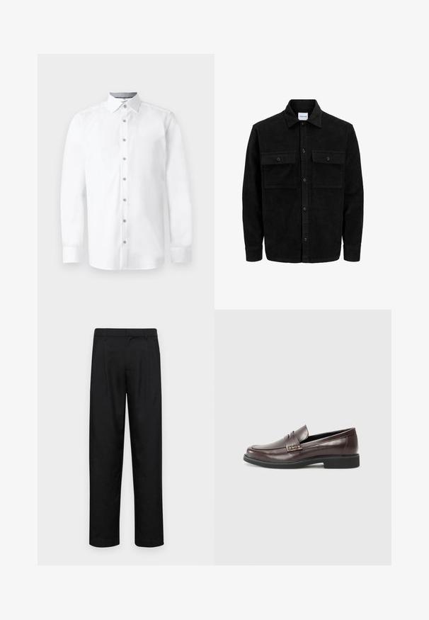 Mustmustöös nupuga jope, millel on kaks eesmist klapiga taskut ja klassikaline kaelus, pikad varrukad ning ribakujuline tekstuur.; Valge särk pikkade varrukatega, nööbitava esiosaga, terava kraega ja sileda tekstuuriga. Omab kuut nööpi ja mansetiga varrukaid.; Mustad mustadest riietest, millel on sirge jalgade disain, kaks eesmist voltimist ja tavaline vöökoht, millel on vöökohad.; PRUUNID NAASTE NAHK LOFAERID sileda pinnaga, millel on peene õmblustunne ülemise serva juures ja must kummitald.