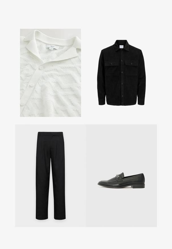 Mustmustöös nupuga jope, millel on kaks eesmist klapiga taskut ja klassikaline kaelus, pikad varrukad ning ribakujuline tekstuur.; Valge kudumine kardigan, millel on tekstuuriline geomeetriline muster, polo krae ja kolm nööpide sulgemist ees.; Mustad mustadest riietest, millel on sirge jalgade disain, kaks eesmist voltimist ja tavaline vöökoht, millel on vöökohad.; Must haveate nahkking punased, millel on sile viimistlus, tikitud muster ja dekoratiivne metallkett vampi üle. Tasane konts.