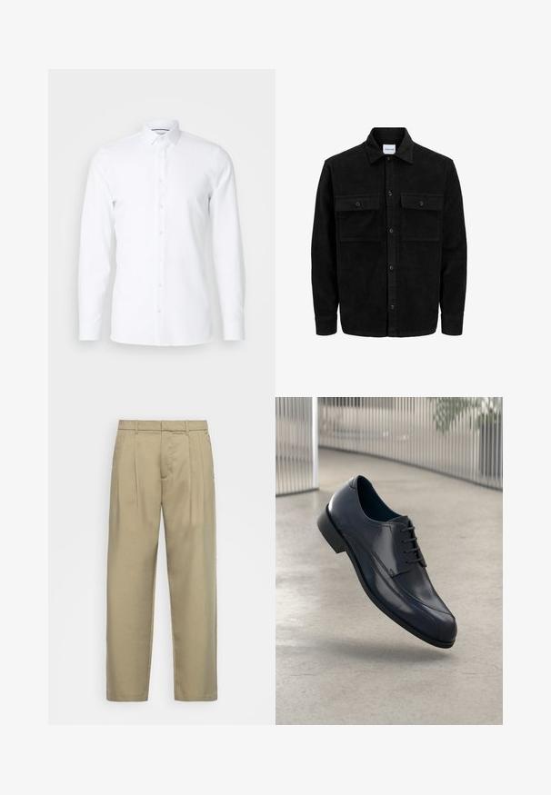 Črna kordurojska jakna z gumbi, z dvema sprednjima žepoma z zavihkom in klasičnim ovratnikom, dolgimi rokavi ter rebrasto teksturo.; Bela srajca z dolgimi rokavi, narejena iz gladkega materiala, z usklajenim ovratnikom in zapenjanjem spredaj. Brez vzorcev ali okrasitev.; Bež hlače visoko pasu s ravnim krojem, z ravnim sprednjim delom, stranskimi žepi in gladkim, teksturiranim materialom.; Svetleče črne usnjene čevlje za obleko z vezalkami, ki lebdi nad gladko, svetlo sivo tlemi ter vertikalnimi kovinskimi palicami v ozadju.