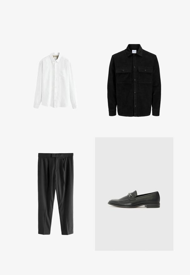 Juodas velveto mygtukų švarkas su dviem priekiniais kišenėmis su atvartais, klasikiniu apykakle, ilgomis rankovėmis ir raukšlėtu paviršiumi.; Balta ilgomis rankovėmis marškiniai pagaminti iš lengvos medžiagos, turintys mygtukų apykaklę, priekinį kišenę ir klasikinį mygtukų užsegimą.; Next REGULAR FIT -CHECK SMART - Chino stiliaus kelnės - black; Juodos odinės loafer tipo bateliai su lygiu paviršiumi, turintys siuvinėtą dizainą ir dekoratyvų metalo grandinėlės akcentą ant batų viršaus. Plokščias kulnas.