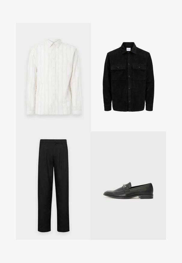 Čierna kordúrová bunda s gombíkmi, dvoma prednými vreckami so záklopkou a klasickým golierom, dlhými rukávmi a ryhovanou textúrou.; Biela košeľa s dlhým rukávom a gombíkovým zapínaním, s vertikálnymi svetlohnedými pruhmi, klasickým golierom a textúrovaným, jemným materiálom.; Čierne nohavice vyrobené z hladkej tkaniny, s rovnými nohavicami, dvoma prednými skladmi a štandardným pásom s pútkami na opasok.; Čierne kožené loafers s hladkým povrchom, s prešitým dizajnom a dekoratívnym kovovým reťazovým akcentom cez priehlavok. Plochý podpätok.