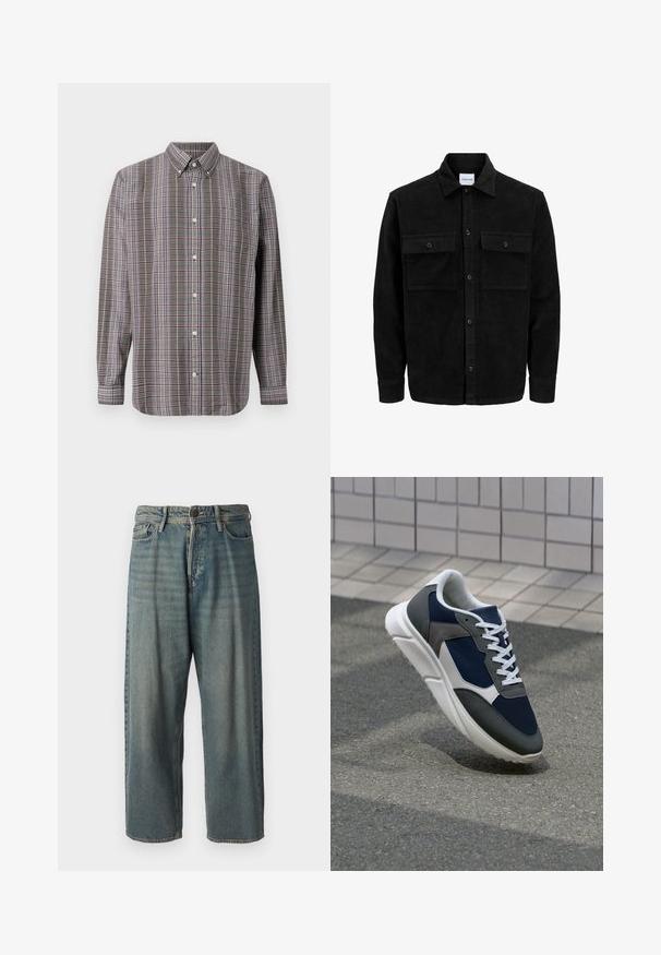 Schwarze Corduroy-Button-Up-Jacke mit zwei frontalem Klappentaschen und klassischem Kragen, langen Ärmeln und gerippter Textur.; Langärmliges Hemd mit Knopfleiste im karierte Muster aus Braun, Weiß, Blau und Lila sowie einer Brusttasche auf einem weißen Hintergrund.; Helle blaue Denim-Jeans mit lockerer Passform, mittelhoher Taille und geraden Beinen. Hat fünf Taschen, Gürtelschlaufen und einen Knopfverschluss.; Sneaker mit einem Obermaterial aus navyblauem Mesh, grauen Wildlederelementen, einer weißen Gummisohle und flachen weißen Schnürsenkeln, entworfen für Komfort und Atmungsaktivität.