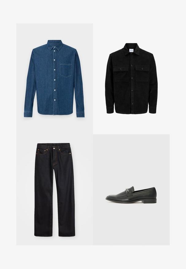 Chaqueta de pana negra con botones, dos bolsillos delanteros con solapa y un cuello clásico, mangas largas y textura acanalada.; Camisa de mezclilla azul oscuro con mangas largas, cierre frontal de botones, cuello y un solo bolsillo en el pecho. Presenta una textura suave y un corte estándar.; Jeans de mezclilla negros de pierna recta para hombre, con cinco bolsillos y costuras en color naranja, cierre de botón y cremallera en la parte delantera de la cintura.; Mocasín de cuero negro con un acabado suave, que cuenta con un diseño de costura y un acento decorativo de cadena de metal en el empeine. Tacón plano.