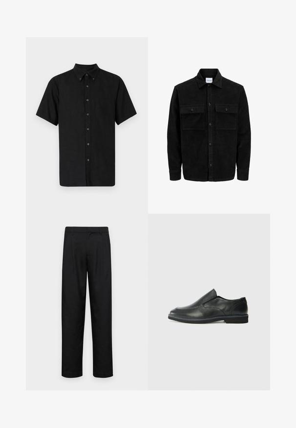 Melnas kordūru pogu jaka ar divām priekšējām atloka kabatām un klasisku apkakli, garām piedurknēm un ribotu tekstūru.; Melna īsajā piedurknē kreklā ar pogām, izgatavots no strukturētas auduma, ar melnām pogām, kas iet līdz visiem priekšpuses pogāšanai.; Melnas bikses, izgatavotas no gludas auduma, ar taisnu kāju dizainu, divām priekšējām krokām un standarta jostu, kurai ir āķi.; Melnas ādas slip-on kurpes ar gludu augšdaļu, izšūtām akcentiem, noapaļotu purngala daļu un zemu gumijas papēdi. Zole ar minimālu rakstu.