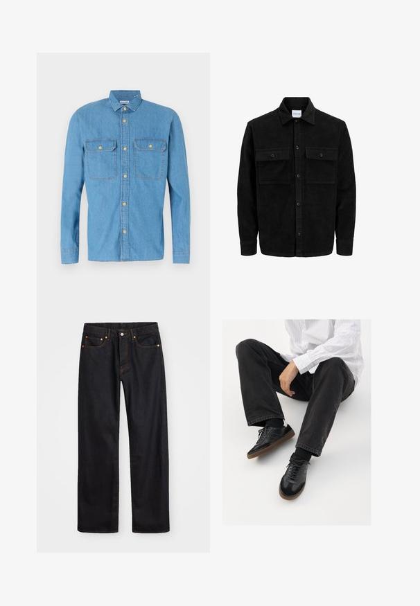 Schwarze Corduroy-Button-Up-Jacke mit zwei frontalem Klappentaschen und klassischem Kragen, langen Ärmeln und gerippter Textur.; Helles, blaues Jeanshemd mit langen Ärmeln, Knopfleiste, zwei Brusttaschen, spitzem Kragen und goldenen Knöpfen. Glatte Textur, lässiges Design.; Herren gerade geschnittene schwarze Jeans aus Denim mit fünf Taschen und orangefarbenen Nähten, Knopf- und Reißverschluss vorne am Bund.; Schwarze Sneakers mit einer glatten und strukturierten Oberfläche, ausgestattet mit einer Gummisohle und dunklen Schnürsenkeln. Kombiniert mit schwarzen Jeans und einem gestreiften weißen Hemd.