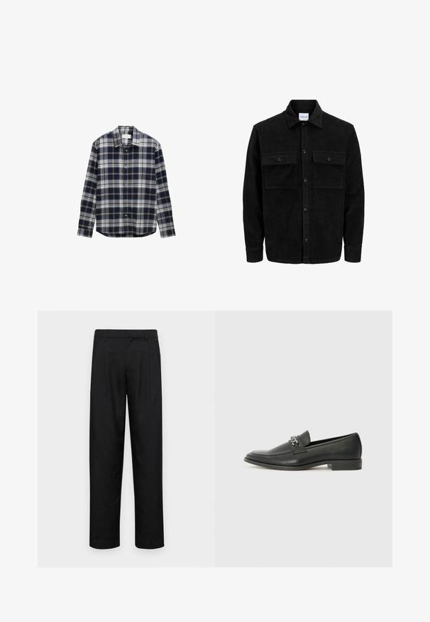 Melnas kordūru pogu jaka ar divām priekšējām atloka kabatām un klasisku apkakli, garām piedurknēm un ribotu tekstūru.; Tumši zils un pelēks raibs garām piedurknēm krekls ar pogu apkakli un priekšējām pogām, izgatavots no mīkstas, teksturētas auduma.; Melnas bikses, izgatavotas no gludas auduma, ar taisnu kāju dizainu, divām priekšējām krokām un standarta jostu, kurai ir āķi.; Melna ādas loafer izmēra apavi ar gludu virsmu, piedāvā ar šūtu dizainu un dekoratīvu metāla ķēdes akcentu pār vampu. Plakana papēža daļa.