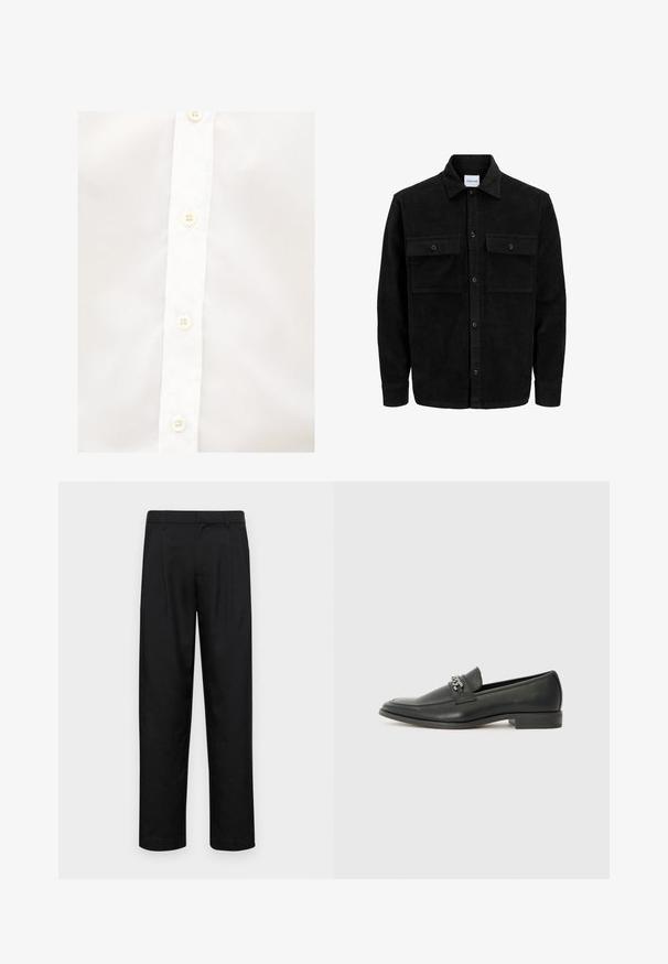 Mustat corduroy-nappi takki, jossa on kaksi etupistotaskua ja klassinen kaulus, pitkät hihat ja ribattu pinta.; Valkoinen nappipaita, jossa on suora kaulus, kuusi valkoista nappia ja sileä, hieman teksturoitu kangas. Ei näkyviä kuvioita tai koristeluja.; Mustat housut, jotka on valmistettu sileästä kankaasta, suoran lahkeen muotoilulla, kahdella etupleekillä ja tavanomaisella vyötäröllä, jossa on vyölenkit.; Musta nahkakengät, joissa on sileä pinta, koristeelliset ompeleet ja metalliketjun yksityiskohta kengän päällä. Littee korko.