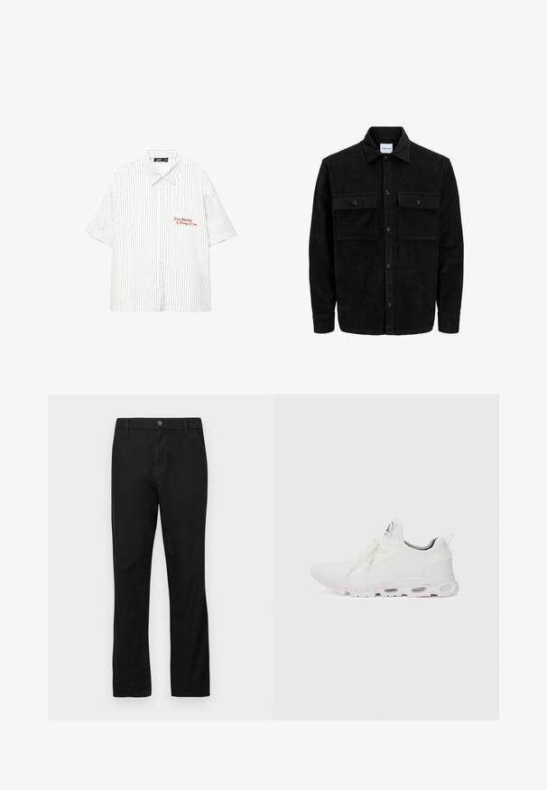 Jachetă din catifea neagră, cu butoni, două buzunare frontale cu clapetă și un guler clasic, mâneci lungi și textură ribbed.; Cămașă albă cu mânecă scurtă, cu dungi verticale bleu închis, cu închidere cu nasturi și text brodat roșu care spune "De luni până vineri, ora 17:00."; Pantaloni din bumbac negri cu un design drept, având închidere cu nasture, buzunare față și spate, și o textură netedă.; Adidași albi cu un superior din țesătură texturată, șireturi plate și o talpă cu perne de aer vizibile pentru suport suplimentar.