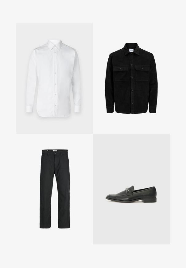 Juodas velveto mygtukų švarkas su dviem priekiniais kišenėmis su atvartais, klasikiniu apykakle, ilgomis rankovėmis ir raukšlėtu paviršiumi.; Balta marškiniai su ilgomis rankovėmis, pagaminti iš lygaus medvilnės audinio, su klasikiniu apykaklės dizainu ir subtiliu blizgesiu. Penki mygtukai priekyje.; Juodi kelniai, pagaminti iš tvirto audinio, su tiesiomis kojomis, siuvinėtomis detalėmis ir dviem priekinėmis kišenėmis funkcionalumui.; Juodos odinės loafer tipo bateliai su lygiu paviršiumi, turintys siuvinėtą dizainą ir dekoratyvų metalo grandinėlės akcentą ant batų viršaus. Plokščias kulnas.