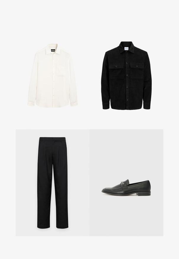 Schwarze Corduroy-Button-Up-Jacke mit zwei frontalem Klappentaschen und klassischem Kragen, langen Ärmeln und gerippter Textur.; Langärmliges, cremefarbenes Hemd aus leichtem Leinen mit einem Button-Down-Kragen und einer einzelnen Brusttasche. Das Hemd hat eine lockere Passform.; Schwarze Hose aus glattem Stoff, mit geradem Bein Design, zwei vorderen Falten und einem Standardbund mit Gürtelschlaufen.; Schwarzer Lederloafer mit glatter Oberfläche, ausgestattet mit einer gesteppten Gestaltung und einem dekorativen Metallkettendetail über dem Vorderblatt. Flacher Absatz.
