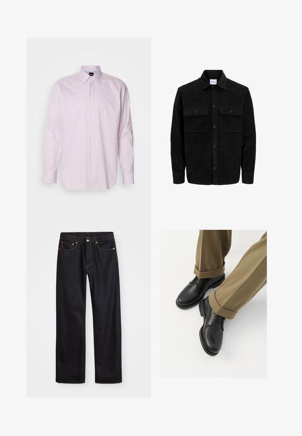 Juodas velveto mygtukų švarkas su dviem priekiniais kišenėmis su atvartais, klasikiniu apykakle, ilgomis rankovėmis ir raukšlėtu paviršiumi.; Balta marškiniai su smulkiomis raudonomis vertikaliomis juostelėmis, mygtukais užsegamas apykaklė, ilgomis rankovėmis ir aiškiu logotipu ant apykaklės. Pagaminta iš medvilnės mišinys.; Vyrų tiesaus kirpimo juodi džinsai iš denim medžiagos, su penkiomis kišenėmis ir oranžinėmis siūlėmis, su mygtuko ir užtrauktuko uždarymu ant priekio.; Juodi odiniai bateliai su lygia apdaila, turintys raištelius ir apvalų pirštą, derinami su sukrautais chaki kelnais.
