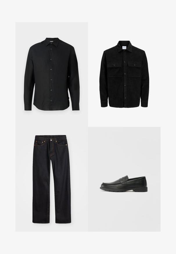 Črna kordurojska jakna z gumbi, z dvema sprednjima žepoma z zavihkom in klasičnim ovratnikom, dolgimi rokavi ter rebrasto teksturo.; Črna srajca z dolgimi rokavi iz lahkega lana. Ima koničast ovratnik, zapiranje na gumbe in ravno obrobo. Mehka tekstura.; Moške črne kavbojke ravnega kroja z petimi žepi in oranžnim šivanjem, z gumbom in zadrgo na sprednjem pasu.; Črne usnjene loafer čevlje z gladko površino, zgornjim delom v slogu mokasin, šivanimi detajli in gumijastim podplatom. Klasična zasnova z nizko peto.