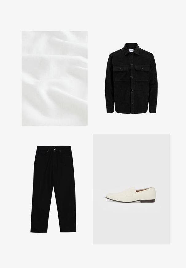 Chaqueta de pana negra con botones, dos bolsillos delanteros con solapa y un cuello clásico, mangas largas y textura acanalada.; Next CUBAN COLLAR FIT - Camisa - white; Pantalones de mezclilla negra con corte recto, diseño de cinco bolsillos y cierre frontal con botón. Textura suave con detalles de costura mínimos.; Mocasines beige claro con puntera puntiaguda, material suave, una correa a través del empeine y una suela baja marrón. Diseño simple con acentos mínimos.