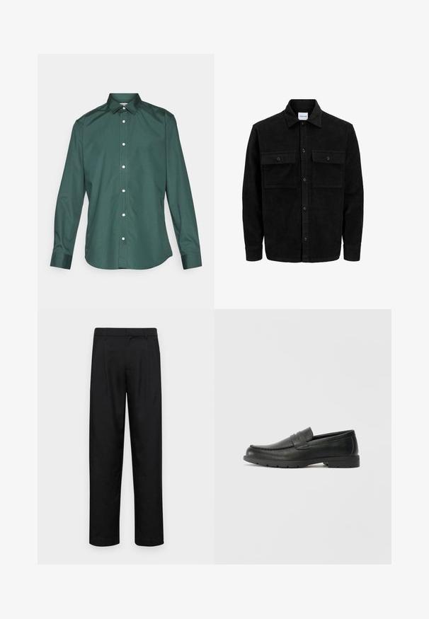 Giacca in corduroy nera con bottoni, due tasche anteriori con patta, colletto classico, maniche lunghe e texture a coste.; Camicia verde con bottoni, realizzata in un tessuto liscio, caratterizzata da un colletto classico, maniche lunghe e bottoni bianchi lungo la parte anteriore. Nessun motivo.; Pantaloni neri realizzati in tessuto liscio, caratterizzati da un taglio dritto, due pieghe frontali e una vita standard con passanti per la cintura.; Mocassini neri in pelle con una finitura liscia, parte superiore in stile mocassino, dettagli cuciti e suola in gomma. Design classico con tacco basso.