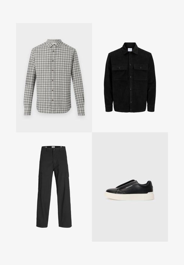 Melnas kordūru pogu jaka ar divām priekšējām atloka kabatām un klasisku apkakli, garām piedurknēm un ribotu tekstūru.; Garās piedurknes pogājama krekla ar balto un melno pārklājošo rakstu, klasisku apkakli un brūnām pogām uz viendabīga fona.; Melni kravas bikses ar brīvu piegriezumu, izgatavotas no kokvilnas. Tām ir divi sānu kabatas un pogu aizdare, kas paredzēta funkcionalitātei un komfortam.; Melna slip-on kedu ar teksturētu ādas augšdaļu, baltu gumijas zoli un bez redzamām šņorcēm. Uz sāna ir zīmola logo.