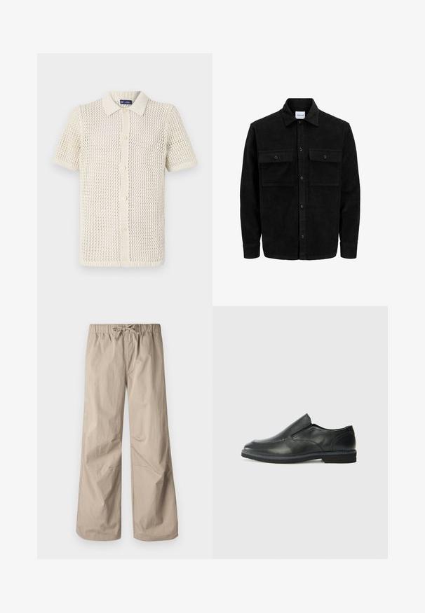 Svart kordflodjacka med knappar, två framfickor med klaff och klassisk krage, långa ärmar och ribbad textur.; Kortärmad, kragad stickad topp i krämfärg med en struktur med öppen väv. Fem knappar framtill med ribbade kanter.; Beiga vida byxorna med elastisk midja och dragsko. Slät textur, två sidofickor och minimala sömmar för en avslappnad passform.; Svart lädersko i slip-on-modell med en slät ovandel, sömnadsdetaljer, rund tå och låg gummihäl. Sulan har minimal mönstring.