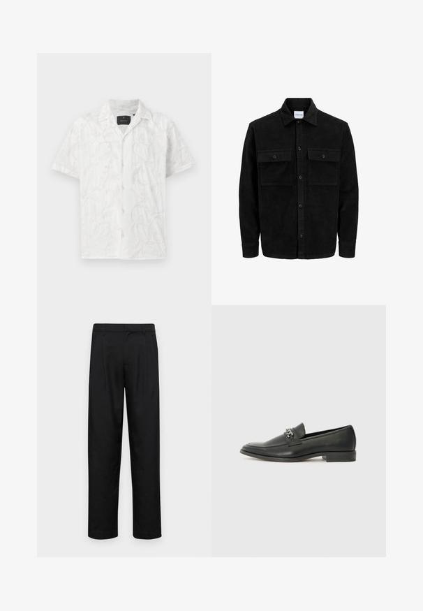 Czarna kurtka z korduru z guzikami, z dwoma przednimi kieszeniami na klapki oraz klasycznym kołnierzem, długimi rękawami i ryżowym splotem.; Biała koszula z krótkim rękawem z delikatnym haftem wzorów liści i kwiatów. Szczególne detale to zapięcie na guziki z przodu oraz kołnierzyk.; Czarne spodnie wykonane z gładkiego materiału, z prostą nogawką, dwoma fałdami z przodu oraz standardowym paskiem z wypustkami na pasek.; Czarne skórzane mokasyny o gładkim wykończeniu, z haftowanym wzorem i dekoracyjnym akcentem z metalowego łańcucha na wierzchu. Płaska pięta.