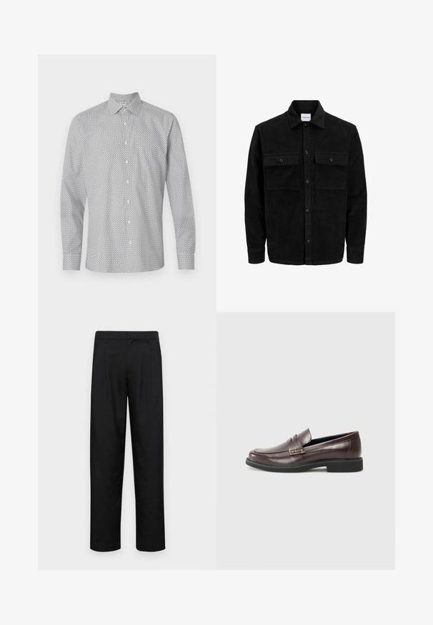 Juodas velveto mygtukų švarkas su dviem priekiniais kišenėmis su atvartais, klasikiniu apykakle, ilgomis rankovėmis ir raukšlėtu paviršiumi.; Balta mygtukinė marškiniai su juodu geometriniu raštu. Turi ilgomis rankovėmis, apykaklę ir standartinį kirpimą.; Juodi kelnių modeliai, pagaminti iš lygios medžiagos, turi tiesią kojas, du priekiniai klostės ir standartinę juosmenį su diržo kilpomis.; Rudi odiniai loaferiai su lygiu paviršiumi, turintys subtilų siūlių akcentą viršuje ir juodą gumos padą.