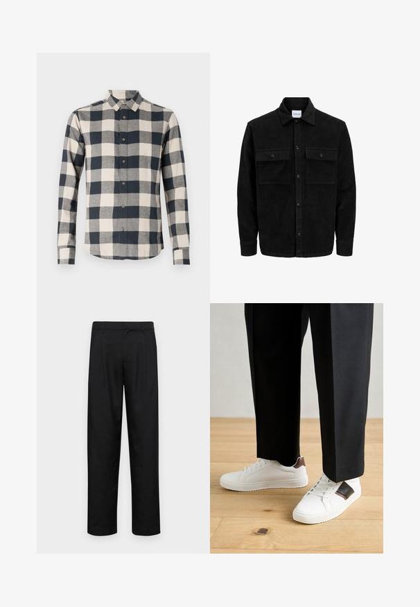 Jachetă din catifea neagră, cu butoni, două buzunare frontale cu clapetă și un guler clasic, mâneci lungi și textură ribbed.; Cămașă cu mânecă lungă, cu un model în carouri bleumarin și crem, guler cu nasturi, din material de bumbac, având un tiv curbat și nasturi contrastanți.; Pantaloni negri dintr-un material neted, cu un design drept, două pliuri frontale și un tiv standard cu bucle pentru curea.; Sneakers albe cu textură netedă, având accente din piele maro și detalii negre, asociate cu pantaloni negri pe măsură. Fundal din podea din lemn.