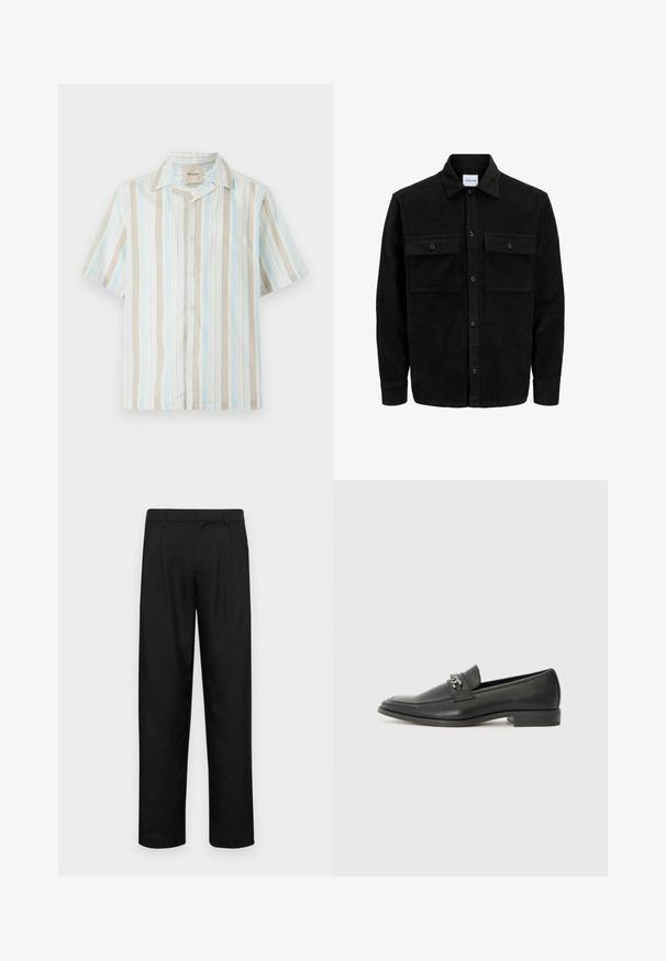 Melnas kordūru pogu jaka ar divām priekšējām atloka kabatām un klasisku apkakli, garām piedurknēm un ribotu tekstūru.; Īsām piedurknēm pogājama krekls ar vertikālām svītrām gaiši zilā, bēša un baltā krāsā. Mīksts audums ar brīvu piegriezumu un klasisku apkakli.; Melnas bikses, izgatavotas no gludas auduma, ar taisnu kāju dizainu, divām priekšējām krokām un standarta jostu, kurai ir āķi.; Melna ādas loafer izmēra apavi ar gludu virsmu, piedāvā ar šūtu dizainu un dekoratīvu metāla ķēdes akcentu pār vampu. Plakana papēža daļa.