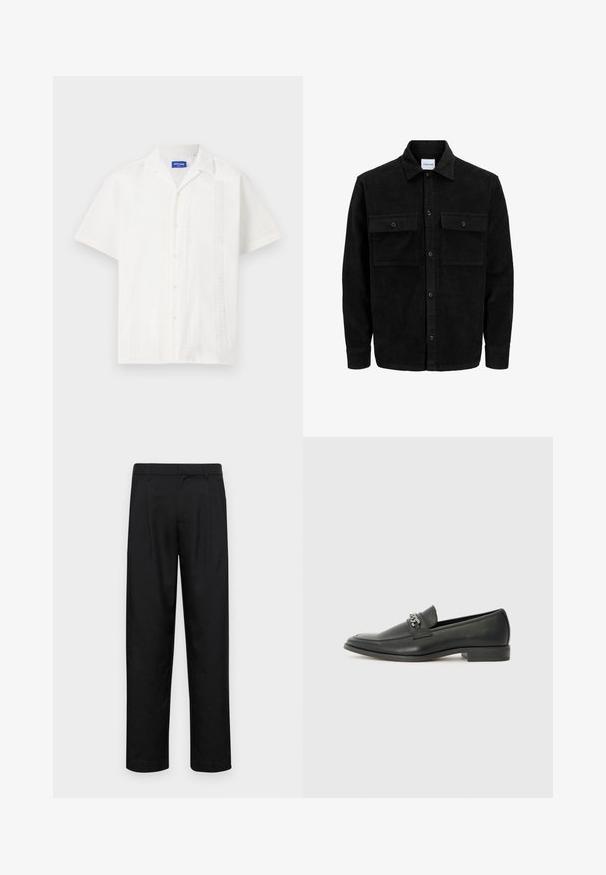 Veste en velours côtelé noire à boutons, avec deux poches à rabat à l'avant et un col classique, des manches longues et une texture côtelée.; Chemise blanche à manches courtes avec fermeture à boutons, présentant des motifs complexes sur le devant et un design de col classique.; Pantalons noirs en tissu lisse, avec une coupe droite, deux plis avant et une taille standard avec passants de ceinture.; Mocassin en cuir noir avec une finition lisse, présentant un design cousu et une accent décoratif en chaîne métallique sur le rand. Talon plat.