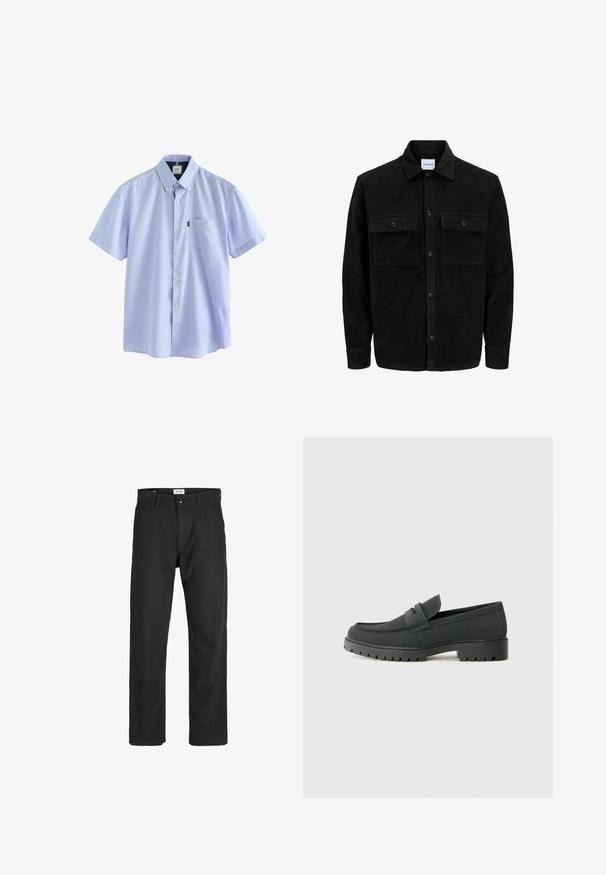 Svart kordflodjacka med knappar, två framfickor med klaff och klassisk krage, långa ärmar och ribbad textur.; Next BUTTON DOWN OXFORD SHORT SLEEVE - REGULAR FIT - Skjorta - pale blue; Svarta byxor i slitstarkt tyg, med rak bendesign, stickade detaljer och två framfickor för funktionalitet.; Svart loafersko med en slät, matt yta, med en rund tå och en tjock, texturerad sula. Accenterad med ett framrem.