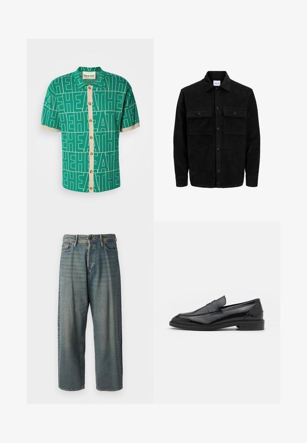 Veste en velours côtelé noire à boutons, avec deux poches à rabat à l'avant et un col classique, des manches longues et une texture côtelée.; Chemise verte à manches courtes avec un motif de logo blanc audacieux, dotée d'un plastron de boutons couleur crème et de poignets contrastés.; Jeans en denim bleu clair avec une coupe ample, taille mi-haute et jambes droites. Comprend cinq poches, des passants de ceinture et une fermeture à bouton.; Mocassins en cuir noir avec une finition lisse, dotés d'un bout arrondi et d'une bande étroite sur le dessus. Talon bas empilé.