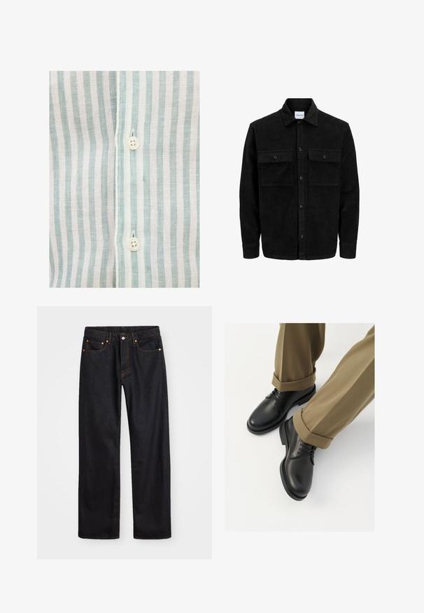 Mustat corduroy-nappi takki, jossa on kaksi etupistotaskua ja klassinen kaulus, pitkät hihat ja ribattu pinta.; Raidalli paita, jossa on vaaleansinisiä ja valkoisia pystysuoria raidallisia, kevyestä kankaasta valmistettu, näkyvä valkoinen nappi ja ommeltu yksityiskohta.; Miestne čierne rovné džínsy so štyrmi vreckami a oranžovým šitím, zapínanie na gombík a zips na prednom pásku.; Musta nahkakengät, joissa on sileä pinta, kengännauhat ja pyöreä kärki, yhdistettynä ylös käärittyihin khaki-housuihin.