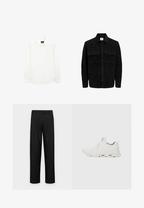 Black corduroy button-up jacket with two front flap pockets and a classic collar, long sleeves, and ribbed texture.; White long-sleeve shirt with a classic collar, button-down front, and straight-cut hem. Made from lightweight fabric with a smooth texture.; Black trousers made of smooth fabric, featuring a straight-leg design, two front pleats, and standard waistband with belt loops.; White athletic shoes featuring a textured knit upper, flat laces, and a cushioned sole with visible air chambers for added support.