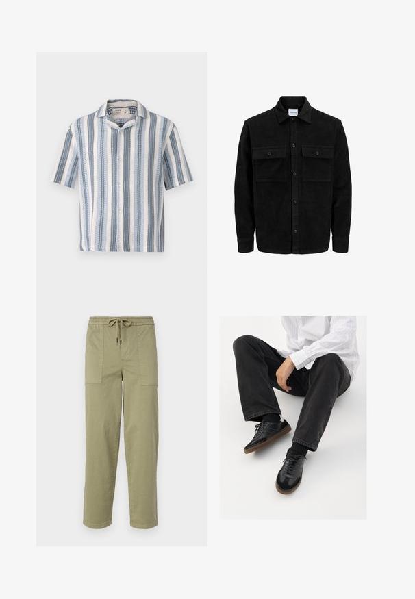 Mustat corduroy-nappi takki, jossa on kaksi etupistotaskua ja klassinen kaulus, pitkät hihat ja ribattu pinta.; Lyhythihainen nappipaita, jossa on sinivalkoiset pystysuorat raidat, lovellinen kaulus ja texturoitu kangas, joka on kevyt.; Vaaleanoliivinvihreät housut, jotka on valmistettu puuvillasekoitteesta. Housuissa on joustava vyötärö, joka sisältää nyörin, sekä kaksi suurta sivutaskua.; Mustat tennarit, joissa on sileä ja teksturoitu päällyste, varustettuna kumipohjalla ja tummilla nauhoilla. Yhdistetty mustiin farkkuihin ja valko-raitaiseen paitaan.