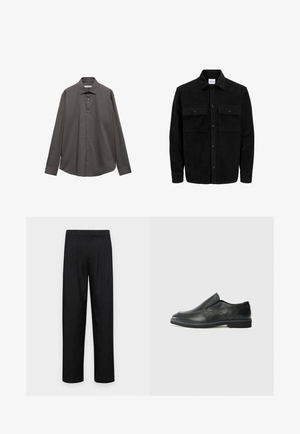 Črna kordurojska jakna z gumbi, z dvema sprednjima žepoma z zavihkom in klasičnim ovratnikom, dolgimi rokavi ter rebrasto teksturo.; Srajca z dolgimi rokavi v temno sivi barvi, izdelana iz gladkega materiala. Ima ovratnik, sprednje gumbe in ukrivljen rob s sproščenim krojem.; Črne hlače iz gladkega materiala, s krojem ravne noge, dvema sprednjima pregiboma in standardnim pasom z zankami za pas.; Črne usnjene natikače z gladkim zgornjim delom, prišitimi detajli, zaobljenim nosom in nizkim gumijastim petkom. Podplat ima minimalen profil.