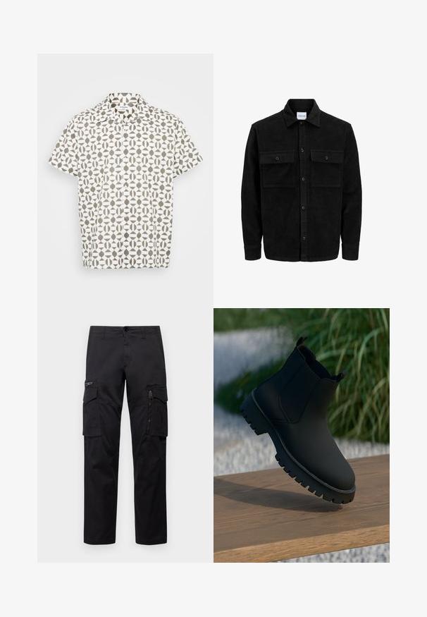 Črna kordurojska jakna z gumbi, z dvema sprednjima žepoma z zavihkom in klasičnim ovratnikom, dolgimi rokavi ter rebrasto teksturo.; Kratka majica s kragnom s kratkimi rokavi iz belega blaga z geometrijskim rjavim vzorcem. Ima klasično ovratnik in subtilno teksturo.; Črne cargo hlače z več žepi, z zadrgo na stegnu, ravnim krojem in trdnim bombažnim materialom z rahlo sijajem.; Črne gležnjarje z gladkim zaključkom, elastičnimi stranskimi ploščami in debelim, trpežnim podplatom. Postavljeni v naravnem okolju na lesenem površju.