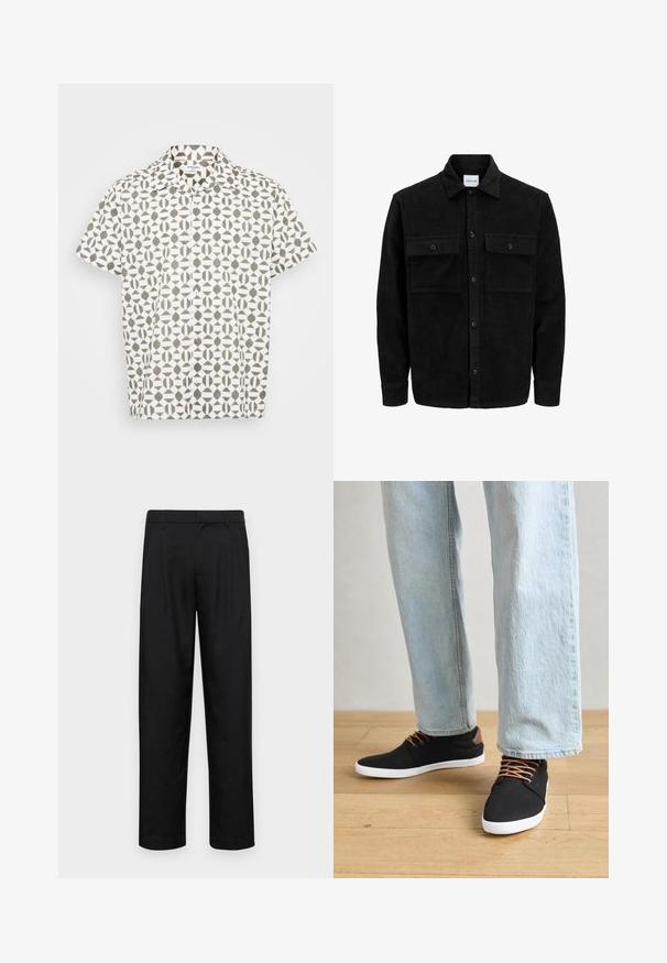 Giacca in corduroy nera con bottoni, due tasche anteriori con patta, colletto classico, maniche lunghe e texture a coste.; Camicia con maniche corte e bottoni in tessuto bianco con un motivo geometrico marrone. Presenta un colletto classico e una sottile texture.; Pantaloni neri realizzati in tessuto liscio, caratterizzati da un taglio dritto, due pieghe frontali e una vita standard con passanti per la cintura.; Sneaker nere in tela con dettagli marroni, suole in gomma bianca e lacci marroni, abbinate a jeans dritti azzurri. Sfondo in legno.