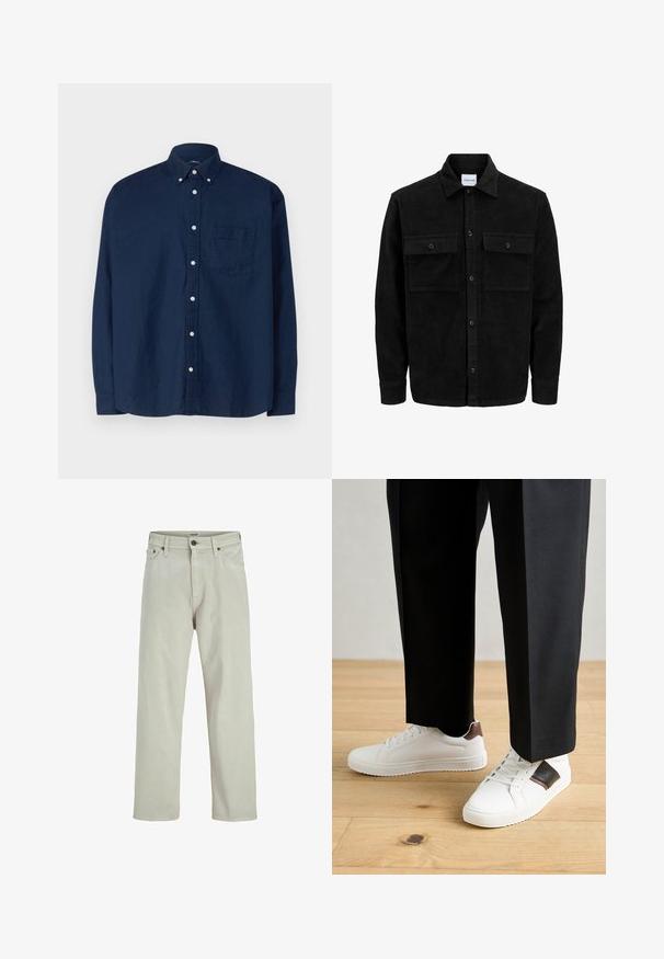 Mustmustöös nupuga jope, millel on kaks eesmist klapiga taskut ja klassikaline kaelus, pikad varrukad ning ribakujuline tekstuur.; Tumed sinine nööbiga särk, mis on valmistatud puuvillast. Omab teravat kraed, pikki varrukaid, rinnaesist taskut ja valgeid nööpe. Tekstuuriga kangas.; Heledad beežid denim teksad sirge jalgade disainiga, viie taskuga stiil ja nööbiga kinnitus vööl, millel on minimaalsed õmbluse detailid.; Valged sneakersid siledat tekstuurist, millel on pruunad nahast detailid ja mustad aksessuaarid, millele on sobitatud mustad kohandatud püksid. Puitpõranda taust.