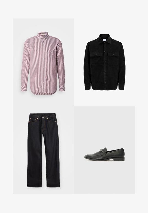 Jachetă din catifea neagră, cu butoni, două buzunare frontale cu clapetă și un guler clasic, mâneci lungi și textură ribbed.; GANT REG POPLIN STRIPE - Cămașă - wine red; Jeans negri din denim pentru bărbați, cu croială dreaptă, cinci buzunare și cusături portocalii, închidere cu nasture și fermoar pe talie.; Pantofii negri din piele cu un finisaj neted, având un design cusut și un accent decorativ de lanț metalic peste partea de sus. Toc plat.