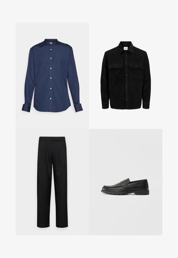 Črna kordurojska jakna z gumbi, z dvema sprednjima žepoma z zavihkom in klasičnim ovratnikom, dolgimi rokavi ter rebrasto teksturo.; Mornarsko modra srajca z dolgimi rokavi in mandarin ovratnikom, z gumbom spredaj, teksturirano tkanino in manšetami s kontrastnim šivanjem.; Črne hlače iz gladkega materiala, s krojem ravne noge, dvema sprednjima pregiboma in standardnim pasom z zankami za pas.; Črne usnjene loafer čevlje z gladko površino, zgornjim delom v slogu mokasin, šivanimi detajli in gumijastim podplatom. Klasična zasnova z nizko peto.