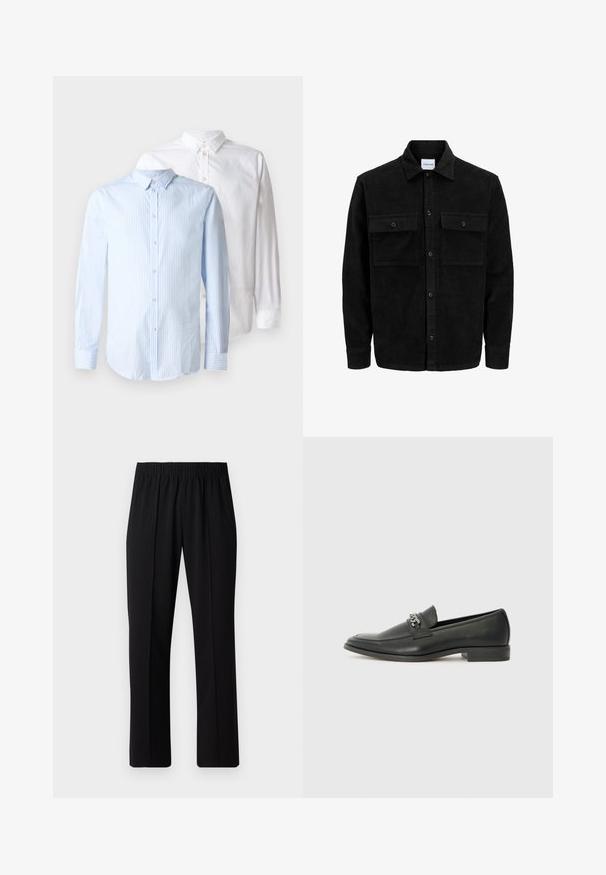 Zwarte corduroy knopenjack met twee voorste klepzakken en een klassieke kraag, lange mouwen en ribbelstructuur.; Twee overhemden met lange mouwen: één lichtblauw met verticale strepen en één effen wit. Beide hebben knoopsluitingen aan de voorkant en kraagdetails.; Zwarte, elastische broek met rechte pijpen, met een gladde textuur en zonder zichtbare patronen of hardware.; Zwarte leren instapper met een gladde afwerking, voorzien van een gestikt ontwerp en een decoratieve metalen kettingaccent over de wreef. Platte hak.