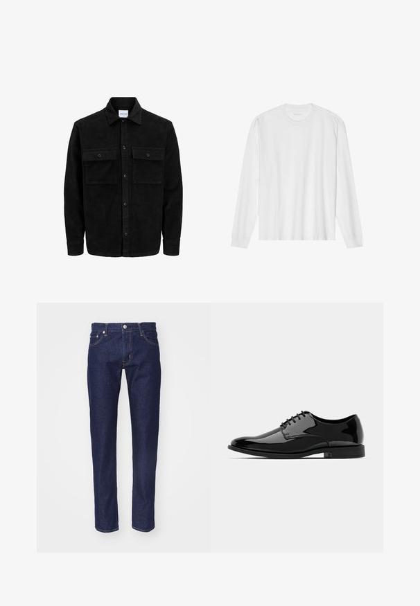 Giacca in corduroy nera con bottoni, due tasche anteriori con patta, colletto classico, maniche lunghe e texture a coste.; T-shirt bianca a maniche lunghe in cotone con colletto rotondo e polsi a coste. Design semplice e senza fronzoli, con texture liscia e vestibilità standard.; Jeans in denim blu navy con vestibilità dritta, design a cinque tasche, cuciture arancioni a contrasto e chiusura a bottone argentato in vita.; Scarpa da uomo in vernice nera con punta tonda, design con lacci e superficie liscia e lucida. Presenta una suola in gomma a profilo basso.